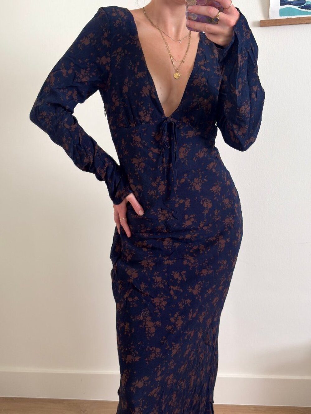 Zara Women's Dress Blue Floral V Neck Long Sleeves Romantic Boho Midi Size XS